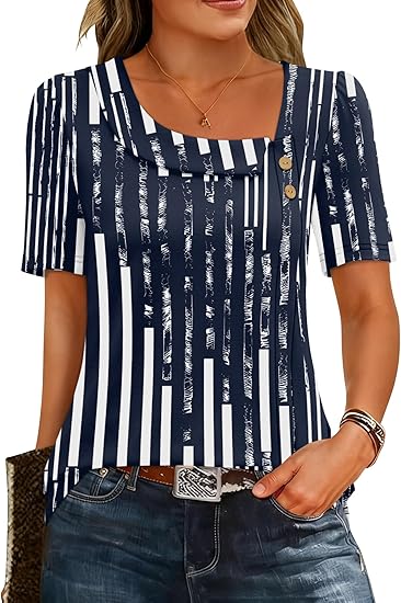 Womens Short Sleeve Summer Shirts Square Neck Button Blouse Dressy Casual Asymmetrical Tunic Tops