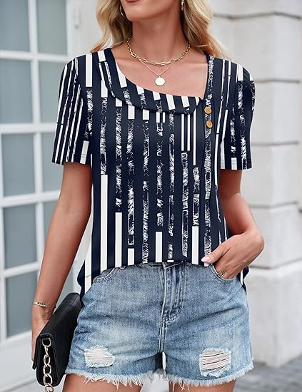 Womens Short Sleeve Summer Shirts Square Neck Button Blouse Dressy Casual Asymmetrical Tunic Tops